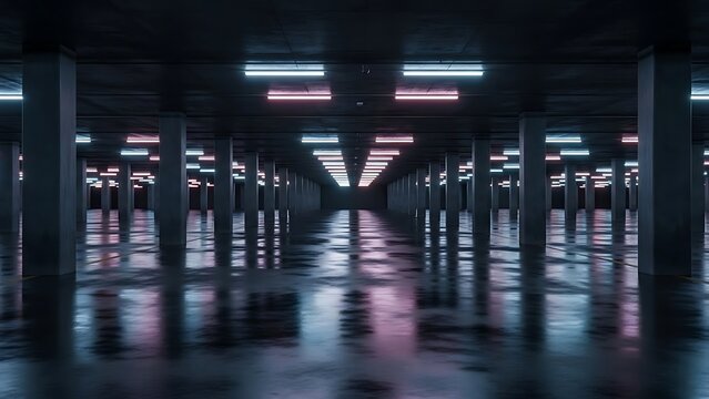 Wet Underground Parking Garage with Neon Pink and Blue Fluorescent Lights Creating a Sci-Fi Cyberpunk Vibe - Powered by Adobe