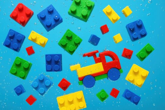 Colorful building blocks and a toy truck floating in water