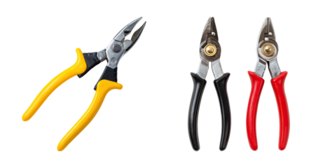 Yellow handled plier and two metal snips with black and red handles transparency background, practical tools for cutting and gripping metalwork