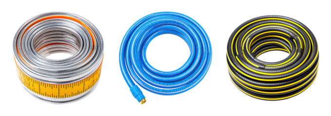 Coiled measuring tape coiled garden hose coiled air hose metal tape blue hose black yellow hose rolled tape measure rolled hose