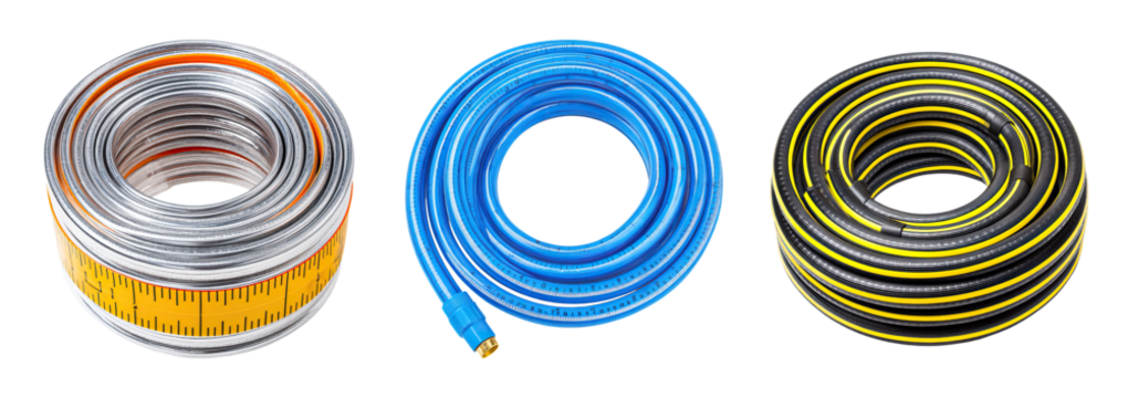 Coiled measuring tape coiled garden hose coiled air hose metal tape blue hose black yellow hose rolled tape measure rolled hose