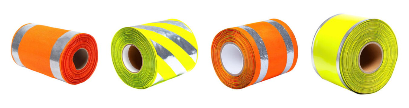 High visibility reflective safety tape rolls in fluorescent orange and yellow arranged on transparency background, vivid colors and texture visible