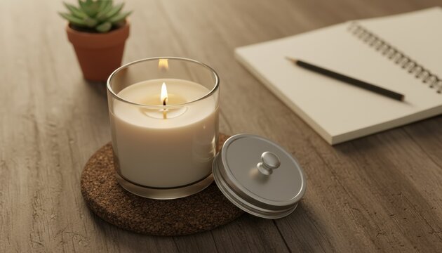 Lit white wax candle in a glass jar sits on a cork coaster on a wooden desk with a notebook, creating a cozy and relaxing atmosphere for journaling and mindfulness
