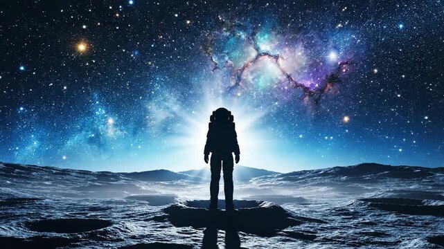 Silhouetted figure standing on moonlit terrain gazing into vibrant cosmic