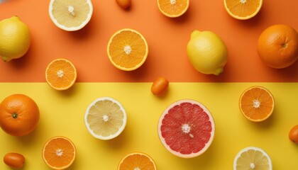 Fresh colorful citrus fruits including oranges lemons and grapefruit arranged in a vibrant flat lay composition on a split orange and yellow background