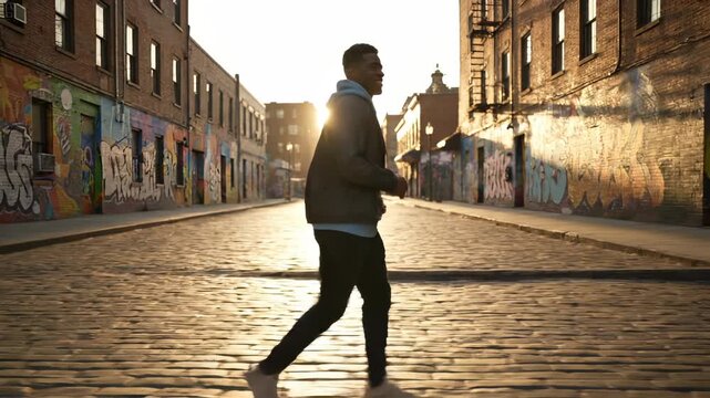 Walking man crosses cobblestone at sunrise. Urban city alley features graffiti covered brick. Silhouette and shadow stretch across golden pavement. Backpack stride conveys urban commute mood. Motion.