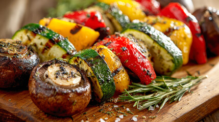 Grilled vegetable skewers with zucchini, bell peppers, and mushrooms seasoned with herbs served on a wooden board for a healthy meal option