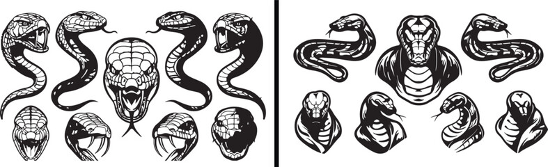 Snake illustration set, serpent drawing art, reptile animal vector, dangerous snake artwork, wildlife snake design, black and white serpent clipart, coiled snake figure, jungle reptile symbol, venomou