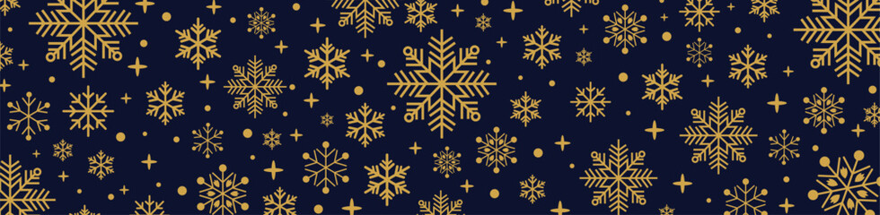 Festive seamless gold and blue Christmas pattern with decorative snowflakes, falling snow and stars, holiday winter background for greeting cards, wrapping paper and seasonal designs