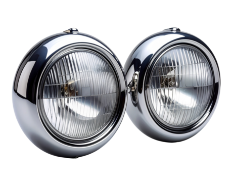 Two Classic Round Car Headlight Variations with Chrome Bezel in One Frame, isolated on transparent background - Powered by Adobe