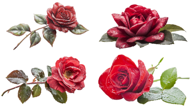 Four red roses with water droplets and green leaves on a isolated on a transparent background flower - Powered by Adobe