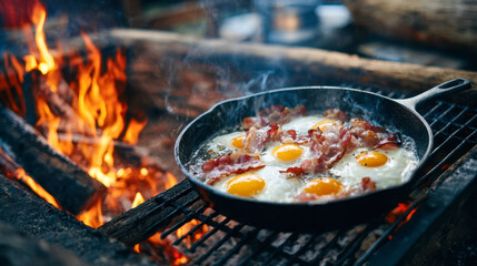 Sizzling bacon and eggs frying in a cast iron skillet over an open campfire grill with glowing flames and smoke creating a rustic outdoor breakfast scene