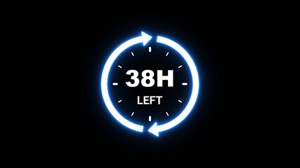 Neon blue glowing clock icon with 38 hours left countdown on black background timer time