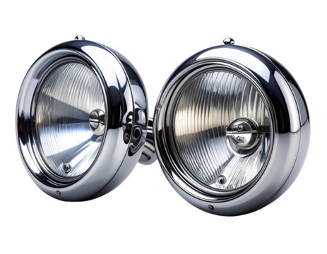 Two Classic Round Car Headlight Variations with Chrome Bezel in One Frame, isolated on transparent background