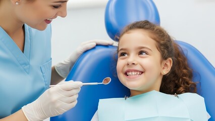 Curly haired girl smiles during dental checkup at clinic