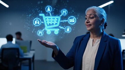 Presenting hologram shopping cart icon. Woman holds digital cart with floating icon now. Scene shows online ecommerce interaction and hand. Image suggests business retail innovation and technology - Powered by Adobe