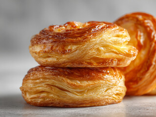 Two golden flaky pastries stacked on a smooth surface highlighting their airy layers and delicate texture in soft natural light