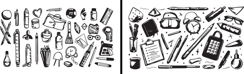 Stationery illustration set, office supplies clipart, creative doodle artwork, writing instrument vector, school study icon, artistic stationery pack, hand drawn office tools, learning element design,