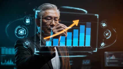 Interact with virtual business data display. Executive uses hologram chart and analysis to show growth. Technology interface shows finance metric and rising arrow. Close focus on chart and data - Powered by Adobe