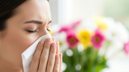 Person sneezes in tissue among colorful flowers for allergy awareness