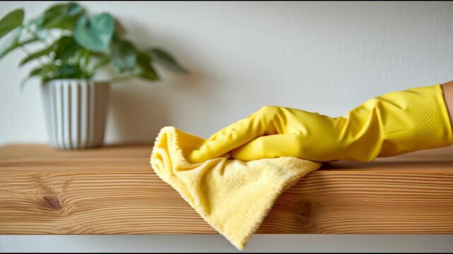 A person wearing yellow gloves wipes down a wooden shelf with a cloth. The bright space is complemented by a small potted plant, enhancing the clean and fresh feel of the area