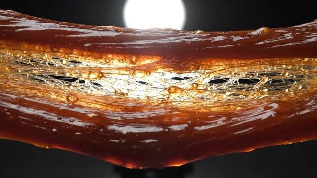 Close-up of a brown, viscous substance with air bubbles and a light source behind it.
