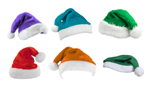 PNG image of Colorful santa hats in purple teal green red orange and dark green arranged for christmas holiday season and festive celebrations on transparent background