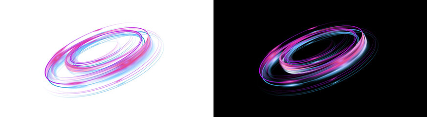 Fototapeta premium PNG image of Abstract light trails in vibrant pink and blue hues create a dynamic circular motion effect against a stark perfect for modern designs and visual effects on transparent background