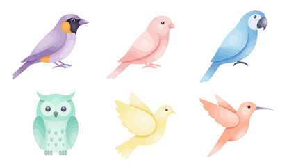 Collection of six watercolor-style birds including an owl, parrot, hummingbird, and other small birds in soft pastel colors.