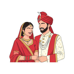 Vibrant flat 2D vector illustration of a traditional Indian wedding couple, adorned in cultural attire and jewelry, standing together for a marriage celebration isolated on white.