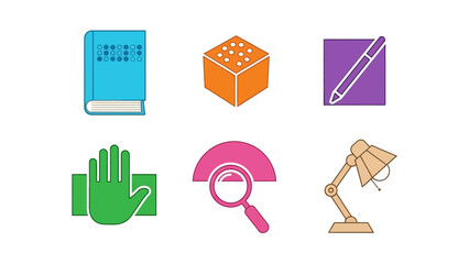 A set of six colorful icons representing accessibility tools, education, and visual aids, including braille, a stylus, a hand, a magnifying glass, and a desk lamp.