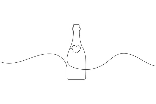 Continuous line drawing of champagne bottle with heart, celebration concept - Powered by Adobe