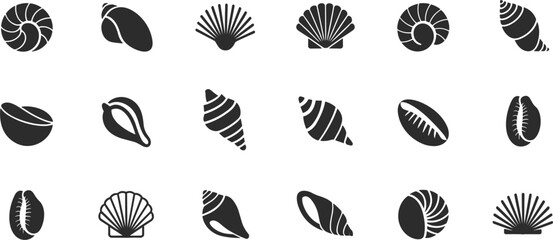 Seashell, Ocean, and Beach Life Glyph Icons Set: Featuring Various Snail and Clam Mollusk Shells, Scallops, and Sea Conch Vector Illustration