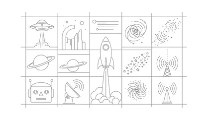 Line art icons depicting space exploration, futuristic technology, and scientific communication concepts in a grid.