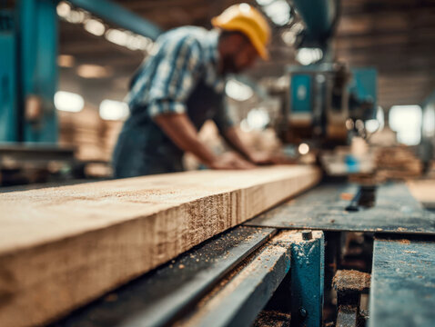 Skilled worker wearing safety helmet processing a wooden plank on a woodworking machine in an industrial workshop with blurred background and wood dust on machinery