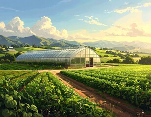 Illustration of a serene greenhouse amidst lush fields with a mountain backdrop