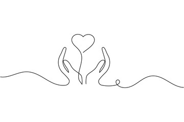 Minimalist continuous line art of cupped hands holding a delicate heart symbol