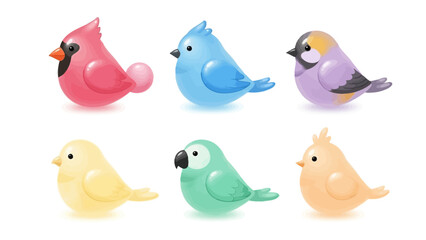 Six cute colorful cartoon birds in a row, featuring various species like cardinal, parrot, and small songbirds.