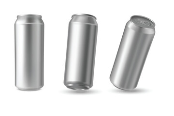 A set of closed aluminum beverage cans, from different sides.