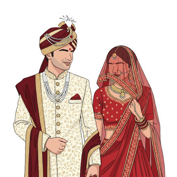 A joyful Indian wedding couple dressed in vibrant traditional attire is featured prominently in a simple, high-quality 2D flat vector illustration on a clean white background.