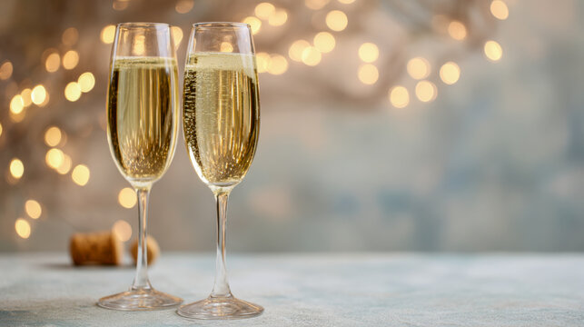Two elegant champagne flutes filled with sparkling sparkling wine on a soft surface with warm festive bokeh lights in the background for celebration moments