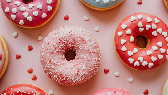 Sweet donuts with colorful frosting and heart sprinkles create a playful and joyful mood