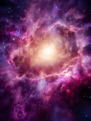 Naklejka premium Vast cosmic cloud of swirling purple and pink gas illuminated by radiant light at the center with sparkling stars scattered in deep space background