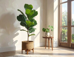 Indoor oasis featuring a fiddle leaf fig, monstera plant, and natural light