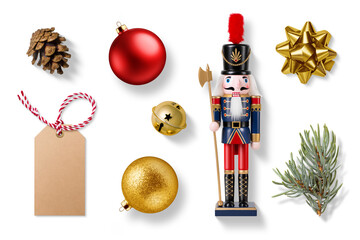 Collection of Christmas-themed elements on a transparent background, featuring Nutcracker, jingle...