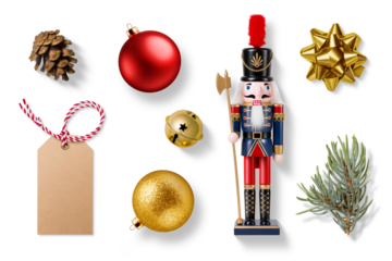 Collection of Christmas-themed elements on a transparent background, featuring Nutcracker, jingle bell, blank gift tag, spruce branch, pine cone, gold and red bauble and gift bow. PNG High resolution.
