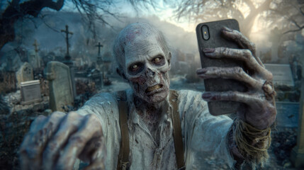 Obraz premium A zombie rising from the graveyard taking a selfie with a smartphone amid tombstones and eerie fog in a spooky, haunted graveyard setting at dusk