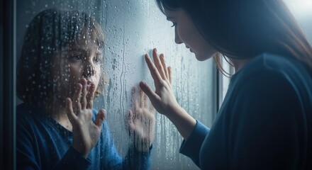 Naklejka premium Mother and child separated by rainy window touching hands on glass. Poignant moment of connection, love, and support during isolation