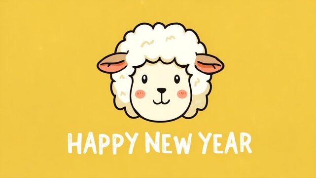 Cute cartoon sheep illustration adorable animal character for New Year greetings isolated on yellow background