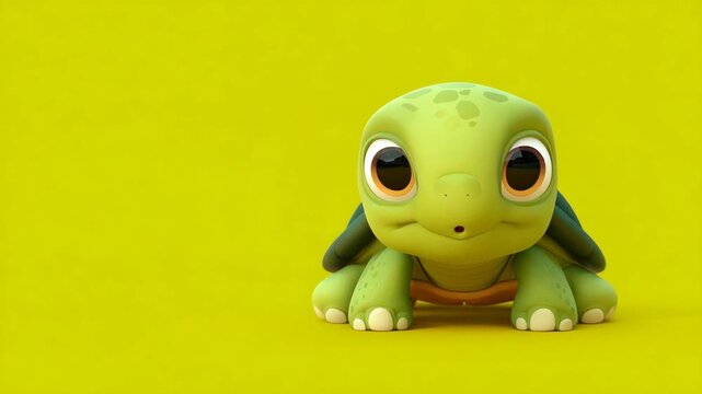 Cute cartoon turtle with big eyes a charming 3D render for childrens illustrations and playful designs isolated on green background